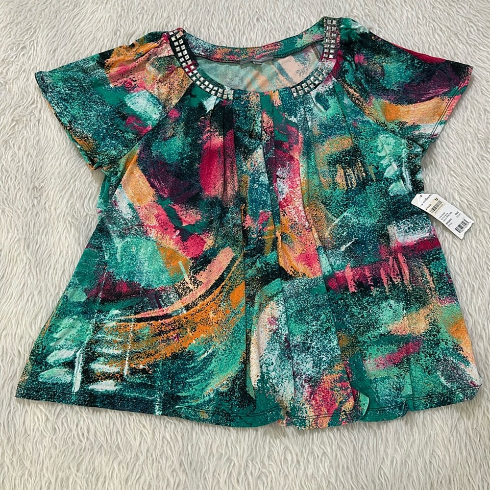 Ny collection pink and green geometric embellished plus size 3x new with tag